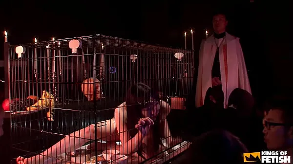 HD Brunette Japanese in cage pisses after playing with food next to a group of men power Movies